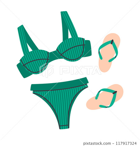 Cartoon women's beach swimwear. Female bikini with flip flops, stylish swimming wear flat vector illustration. Colorful summer bikini on white 117917324