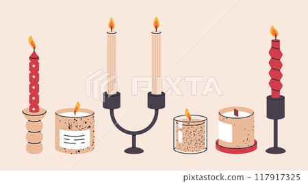 Christmas candles decorations. Burning candles, winter holidays scented wax candles flat vector illustration. Hand drawn candles Christmas candles decorations. Burning candles, winter holidays scented wax candles flat vector illustration. Hand drawn candles 117917325
