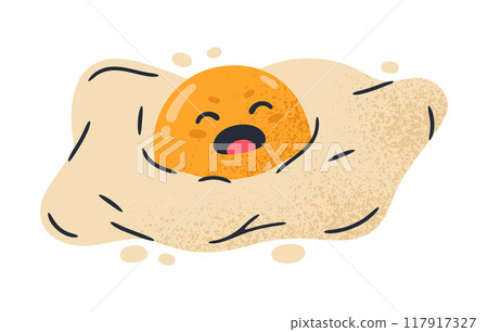 Comic egg mascot. Fried egg funny character, cartoon chicken fried egg for breakfast flat vector illustration. Cute fried egg emoji with humorous face Comic egg mascot. Fried egg funny character, cartoon chicken fried egg for breakfast flat vector illustration. Cute fried egg emoji with humorous face 117917327