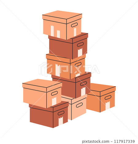 Stacked cardboard boxes. Cargo boxes piles, carton warehouse box stack, delivery or moving containers flat vector illustration. Hand drawn boxes on white Stacked cardboard boxes. Cargo boxes piles, carton warehouse box stack, delivery or moving containers flat vector illustration. Hand drawn boxes on white 117917339