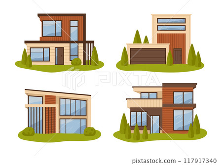 Suburban houses. Modern real estate buildings, contemporary residential cottages, country houses flat vector illustration set. Urban house collection Suburban houses. Modern real estate buildings, contemporary residential cottages, country houses flat vector illustration set. Urban house collection 117917340