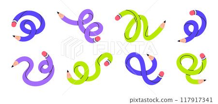Twisted funny pencils. Curved intertwined simple pencil, cute school supplies isolated flat vector illustration set. Funky hand drawn twisted pencils Twisted funny pencils. Curved intertwined simple pencil, cute school supplies isolated flat vector illustration set. Funky hand drawn twisted pencils 117917341