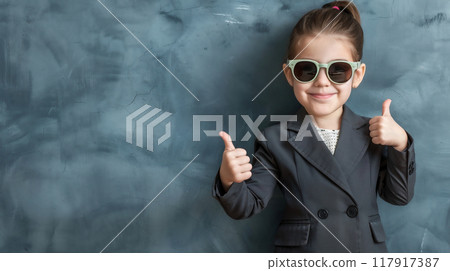 Thumbs up, sunglasses, child, woman, nine, Generative AI 117917387