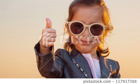 Thumbs up sunglasses child woman ten Generative AI Thumbs up sunglasses child woman ten Generative AI 117917388