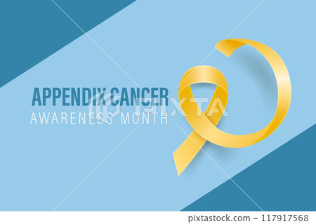 Appendix Cancer Awareness Month Banner, August. Card or Placard with Realistic 3D Vector Yellow Ribbon on Blue Background. Cancer Awareness Month Symbol, Closeup. World Appendix Cancer Day Concept 117917568