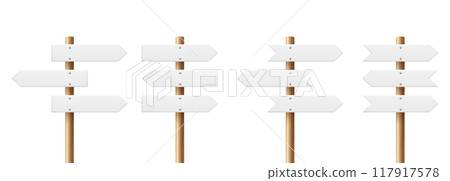 Realistic Sign Post Set. Realistic Blank Road Signboard. Plywood Pointer, Timber, Directional Sign Design Template, Front View. Vector Illustration in 3D Style Realistic Sign Post Set. Realistic Blank Road Signboard. Plywood Pointer, Timber, Directional Sign Design Template, Front View. Vector Illustration in 3D Style 117917578