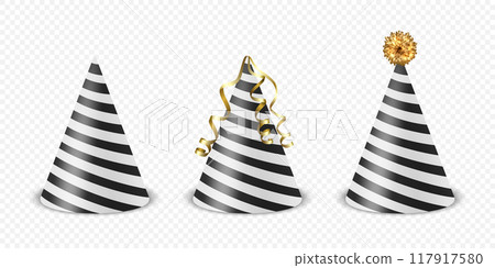 Vector 3d Realistic Black and White Birthday Party Hat Icon Set Isolated. Party Cap Design Template for Party Banner, Greeting Card. Holiday Hats, Cone Shape, Front View 117917580