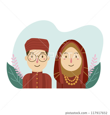 padang indonesia wedding couple bride groom traditional clothes cartoon vector illustration 117917832