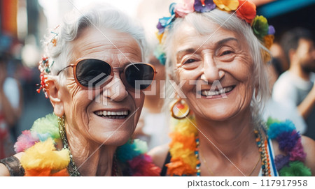 Happy senior American woman with grey hair at gay pride parade. Pride month celebration, LGBTQ rainbow flag. Generative Ai. 117917958