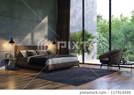 Modern contemporary loft style bedroom with nature view 3d render Modern contemporary loft style bedroom with nature view 3d render 117918486