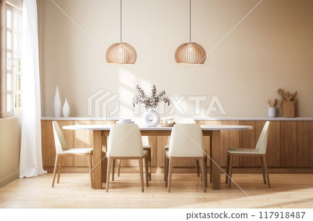 Minimal style modern contemporary dining room interior 3d render Minimal style modern contemporary dining room interior 3d render 117918487
