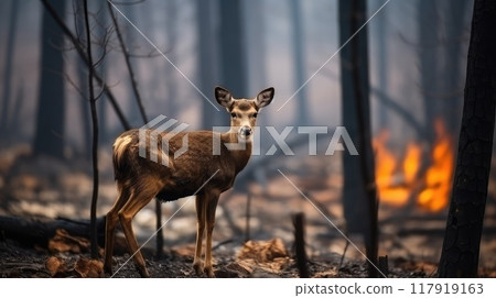 A deer's grace and elegance shine through as it finds its way through the fiery landscape. 117919163