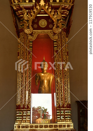 Phra Phuttha Nanthaburi Srisakyamani is a Sukhothai Buddha image in a posture. It is a Buddha in the Thailand's. Enshrined at Wat Chang Kham Worawihan. Located at Nan Province in Thailand. 117919530
