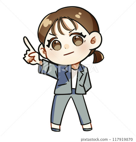 一個穿著西裝的年輕女子指著的流行而可愛的變形插圖。 117919870