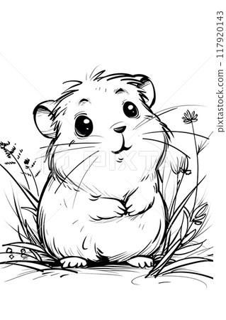 Monochrome illustration of a hamster in grass, a cute cartoon drawing 117920143