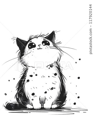 A black and white drawing of a Felidae with big eyes and whiskers looking up 117920144