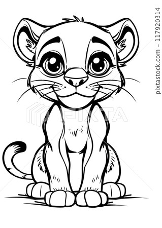 Cartoon drawing of a lion cub sitting down in black and white 117920314