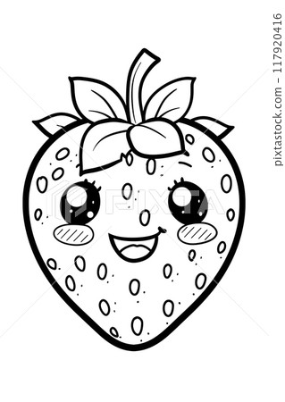 A cute drawing of a smiling strawberry in black and white A cute drawing of a smiling strawberry in black and white 117920416