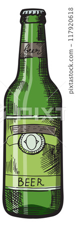 Beer bottle color sketch. Green glass beverage Beer bottle color sketch. Green glass beverage 117920618