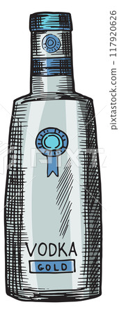 Vodka bottle engraving. Hand drawn alcohol drink 117920626