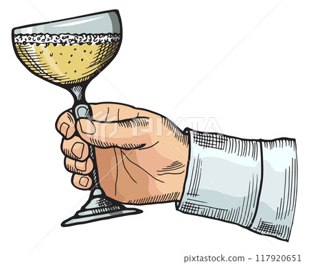Cocktail glass in male hand. Cheers color sketch Cocktail glass in male hand. Cheers color sketch 117920651
