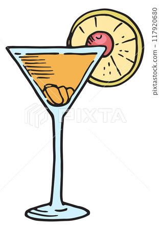 Fruit cocktail glass sketch. Sweet cold refreshment Fruit cocktail glass sketch. Sweet cold refreshment 117920680