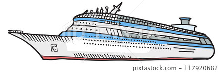 Cruise liner drawing. Marine vacation color doodle 117920682