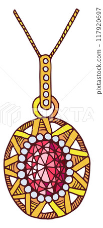 Ruby pendant. Precious golden jewellery color sketch Ruby pendant. Precious golden jewellery color sketch 117920697