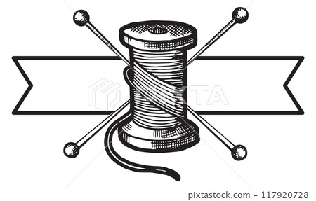 Thread spool logo with blank ribbon banner. Hand drawn template 117920728