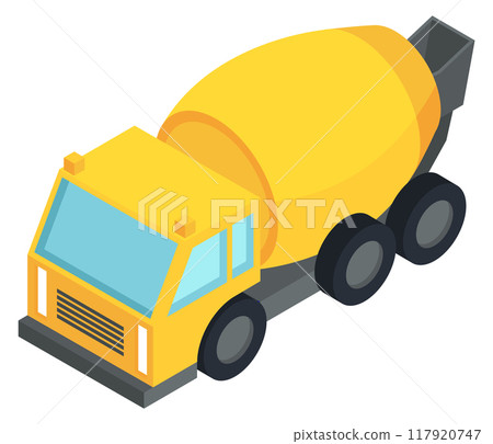 Concrete mixer yellow isometric icon. Construction machine 117920747