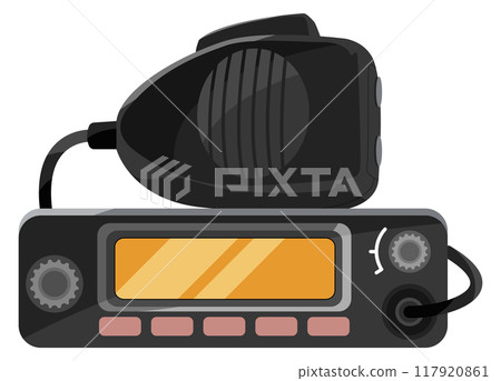 Radio transceiver cartoon icon. Police transmitter device Radio transceiver cartoon icon. Police transmitter device 117920861