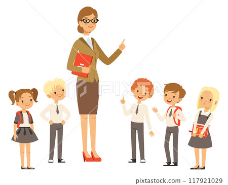 Teacher with kids. Little cartoon school students characters 117921029