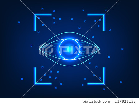 Eye technology scanning data security technology that identifies and assesses personal data. The inner eye is a technology circuit with an eye scan frame. 117921133