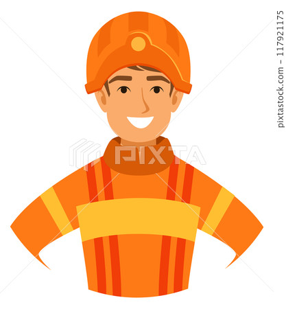 Firefighter cartoon character. Cheerful occupation mascot portrait Firefighter cartoon character. Cheerful occupation mascot portrait 117921175
