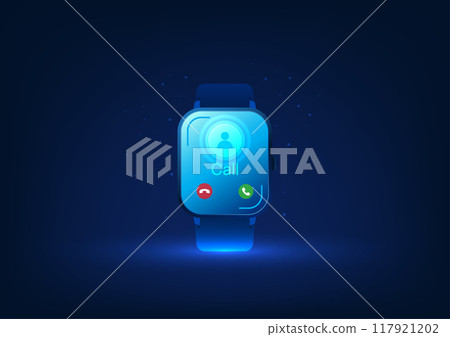 Smart watch technology, a wristwatch that shows the call screen, a watch with the function of communication by connecting to Bluetooth with a smartphone, illustration, vector, wallpaper Smart watch technology, a wristwatch that shows the call screen, a watch with the function of communication by connecting to Bluetooth with a smartphone, illustration, vector, wallpaper 117921202
