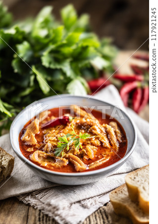 Tasty soup or stew made of beef tripe and spices. Spicy and aromatic tripe soup seasoned with pepper and served with bread 117921245