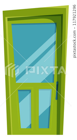 Glass door cartoon element. Green wooden doorway Glass door cartoon element. Green wooden doorway 117921296