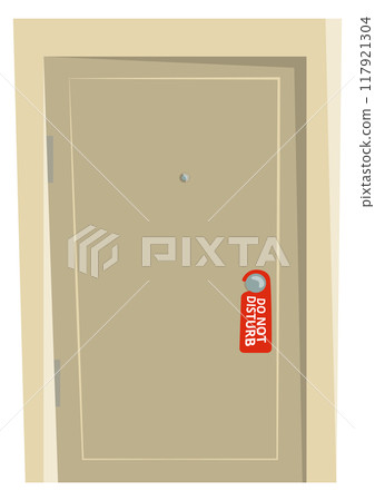 Hotel room cartoon door with dont disturb sign 117921304