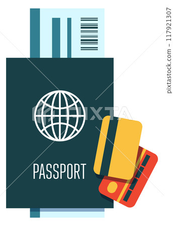 Passport and flight tickets. Plane trip color icon Passport and flight tickets. Plane trip color icon 117921307