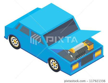 Car with open hood isometric icon. Auto maintenance check Car with open hood isometric icon. Auto maintenance check 117921336