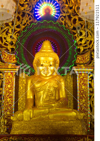 Phra Mahamuni is a replica of Phra Mahamuni at Mandalay. This one is enshrined at Wat Mahamuni Phraya. It is located on the Rakhine State, Myanmar. Phra Mahamuni is a replica of Phra Mahamuni at Mandalay. This one is enshrined at Wat Mahamuni Phraya. It is located on the Rakhine State, Myanmar. 117921511