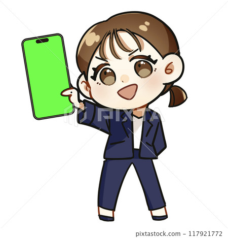A cute and deformed illustration of a young woman in a suit showing her smartphone 117921772