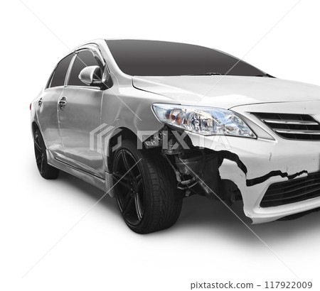 The front of a white car damaged in an accident. 117922009