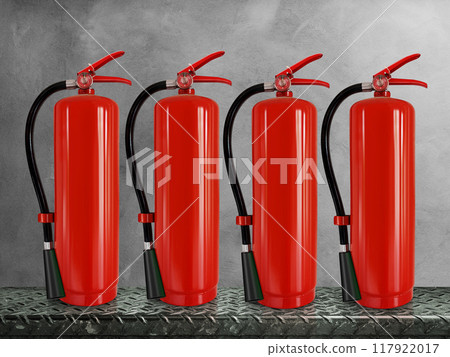 Fire extinguisher on steel, cement background Fire extinguisher on steel, cement background 117922017