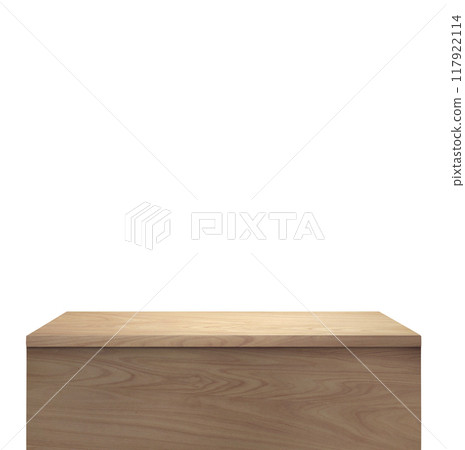 Empty wooden table. Front view. Isolated on a white background 117922114