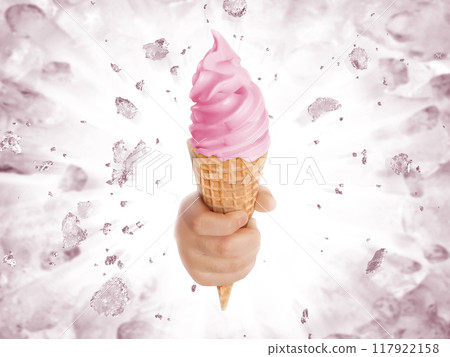Soft ice cream in hand on background of broken ice Soft ice cream in hand on background of broken ice 117922158