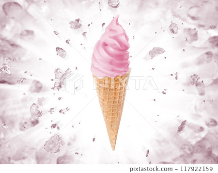Soft ice cream in a waffle on a background of broken ice. Soft ice cream in a waffle on a background of broken ice. 117922159