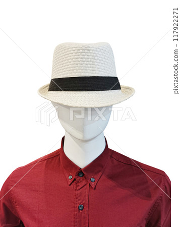 The mannequin is wearing a hat and a red shirt. The mannequin is wearing a hat and a red shirt. 117922271