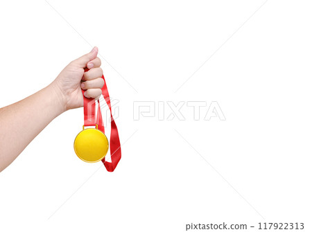 Holding a gold medal  winner  white background 117922313