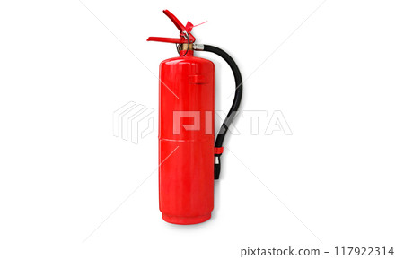 Red fire extinguisher hanging on white wall Red fire extinguisher hanging on white wall 117922314